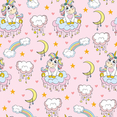 Vector seamless pattern. Cute baby unicorn with rainbow and clouds isolated on pink background. Illustration for party, print, baby shower, wallpaper, design, decor,design cushion, linen, dishes.