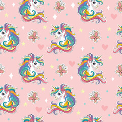 Magic seamless pattern with head of unicorn and butterflies isolated on pink background. Vector illustration for party, print, baby shower, wallpaper, design, decor,design cushion, linen, dishes