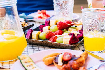 Close up of table with fruits food - colorful healthy lifestyle diet weight loss food -