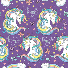 Magic seamless pattern with head of unicorn with butterflies isolated on purple background. Vector illustration for party, print, baby shower, wallpaper, design, decor,design cushion, linen, dishes.