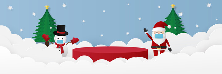 Santa claus and snowman keeping distance for infection risk disease with podium platform. Christmas cartoon character wearing face mask for prevent virus. Merry Christmas banner