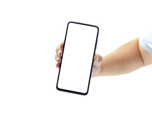 One hand is holding a black-rimmed smart blank phone
