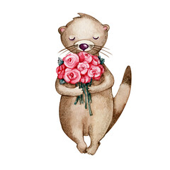 Cartoon cute otter wishes Happy Valentine's Day. Watercolor hand drawn illustration isolated on white background. Postcard for her, birthday, valentine, animals.