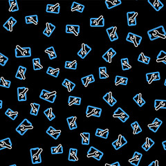 Line Mobile phone with wrench icon isolated seamless pattern on black background. Adjusting, service, setting, maintenance, repair. Vector.