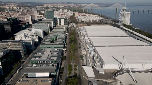 Lisbon, Portugal - 20 may 2021: Aerial view of Vasco Da Gama city mall and Oriente train station in Lisbon popular modern district, Lisbon, Portugal.