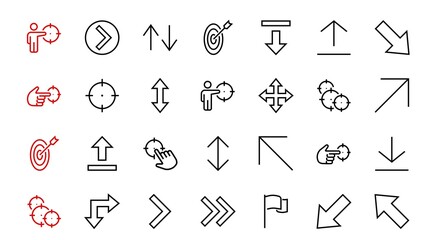 Set of line arrows, directions, arrows, contains icons such as pause, continuation, directly, to the right, Editable stroke. 480x480, On a white background, Vector illustration