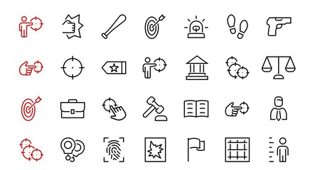 Court, Law and Justice Icon Set contains such icons as Law, Police, Prison, Handcuffs, Pistol, Editable stroke. Modern subtle symbols