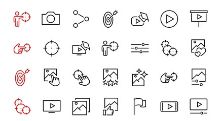 Gallery Set of Images vector line icons. Contains icons such as video, play video, edit images, Business Training, like photo. Editable stroke. Vector illustration
