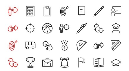 A simple set of school items. Contains icons such as student, award, geography, physical education, geometry and more. On white background. Editable stroke. 480x480