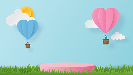 Happy valentines day banner with podium platform. Heart balloons with peoples joyful and podium to show product. Paper cut and craft style illustration