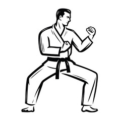 Fototapeta na wymiar Karate symbol. Man in kimono stands in fighting stance ready to fight