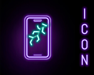 Glowing neon line Smartphone with broken screen icon isolated on black background. Shattered phone screen icon. Colorful outline concept. Vector.