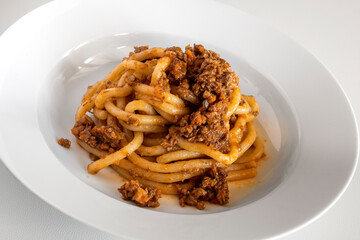 Plate of pici with wild boar ragout