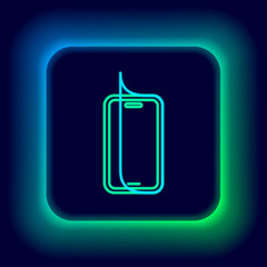 Glowing neon line Glass screen protector for smartphone icon isolated on black background. Protective film for glass. Transparent soft glass for mobile phone. Colorful outline concept. Vector.