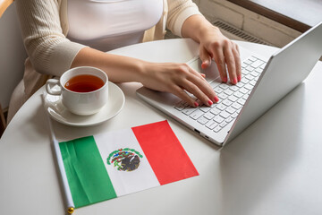 Lonely woman freelancer with flag of  Mexico enjoying having breakfast with cup of coffee working on laptop sitting near window in cafe at morning.