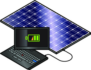 Solar panel charging a laptop.