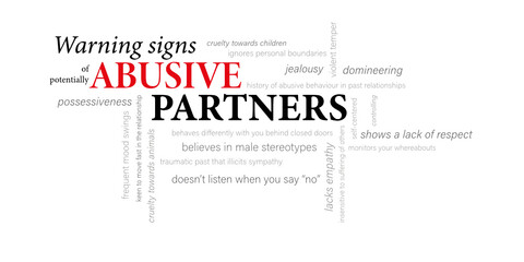WARNING SIGNS of potentially ABUSIVE PARTNERS vector word cloud