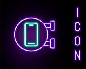 Glowing neon line Phone repair service icon isolated on black background. Adjusting, service, setting, maintenance, repair, fixing. Colorful outline concept. Vector.
