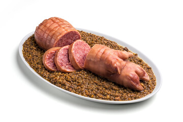 Stuffed pig foot on lentils traditional Christmas dish