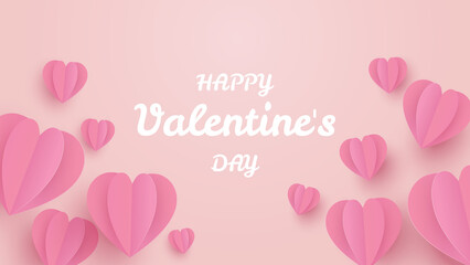 Fototapeta na wymiar Valentines day banner. Heart paper craft on pink background. Valentine's day