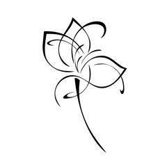 ornament 1474. one stylized flower with large petals on a short stalk in black lines on a white background