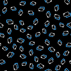 Line Smartphone, mobile phone icon isolated seamless pattern on black background. Vector.