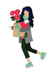 Girl with a gift and flowers. Vector illustration. Template for a postcard or banner. Holiday.