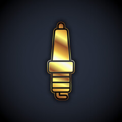 Gold Car spark plug icon isolated on black background. Car electric candle. Vector.