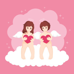 Cupids with heart sitting on clouds. Cute little baby angel character, vector illustration.