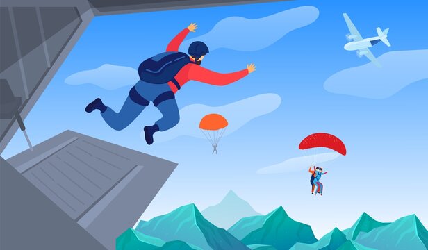 Extreme sport in air vector illustration. Parachuting sport. Parachute jumping courageous skydrivers. Active hobby. Sportsmen skydive and fly above mountains landscape.