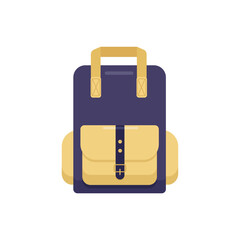 Stylish purple backpack with yellow pockets and straps, isolated on a white background. Purple, trendy, hipster backpack with two side and one central yellow pockets, cartoon style. Flat style. Vector