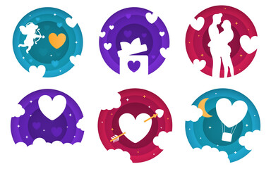 Cut paper effect. Cupid shoots a heart, a gift box with a heart, a couple in love, a heart is pierced by an arrow of Cupid, a balloon in the sky. Modern illustration. Valentine's Day concept.