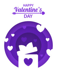 Vector valentine's day card with cut paper effect. Gift box around which hearts fly. Contemporary illustration. Valentine's Day concept. Wallpaper, flyers, invitations, posters, brochures, banners.
