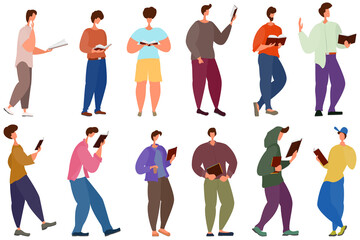 People are standing and reading a book. Men in different positions hold a book in their hands. Set of shapes isolated on white. Vector in flat style.