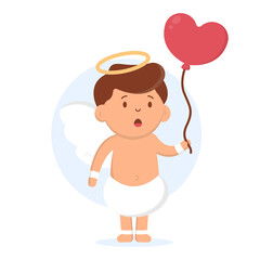 Valentine's Day. A boy cupid with a halo above his head holds a heart-shaped balloon in his hands and looks bewitched back at the balloon. Can be used on postcards, websites, web banners.