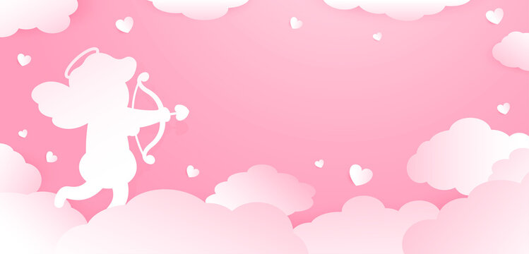 Beautiful vector web banner for valentine's day. Paper cupid, storm clouds and hearts on a pink background. Valentine's Day. Free space for your text.