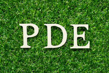 Wood alphabet letter in word PDE (abbreviation of permitted daily exposure, partial differential...