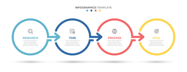 Timeline infographics template design with arrows and circles. Business concept with 4 options, steps, parts. 