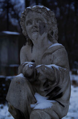 Tombstones and graves, family crypts and vaults on graveyard or cemetery with angels, saints and...