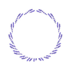 Delicate Floral wreath. Violet, blue and lavender spring and summer flowers in round frame. Template for cards, invitation, posters