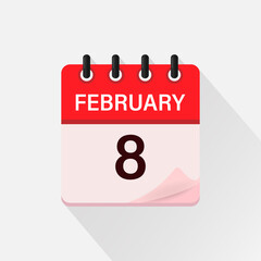 February 8, Calendar icon with shadow. Day, month. Flat vector illustration.