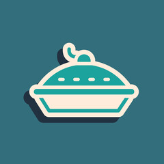 Green Homemade pie icon isolated on green background. Long shadow style. Vector.