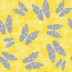 Seamless pattern with gray lace butterflies