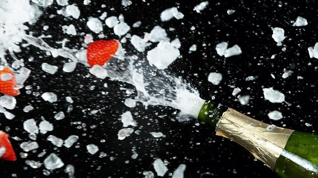 Super slow motion of Champagne explosion with crushed ice and strawberries. Filmed on high speed cinema camera, 1000 fps