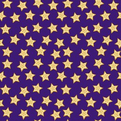 Night sky with stars seamless vector pattern. Cartoon fortune gold and sail champagne star shapes on purple background endless texture. Magic tricks childish seamless pattern. One of the series.