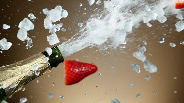 Super slow motion of Champagne explosion with crushed ice and strawberries. Filmed on high speed cinema camera, 1000 fps