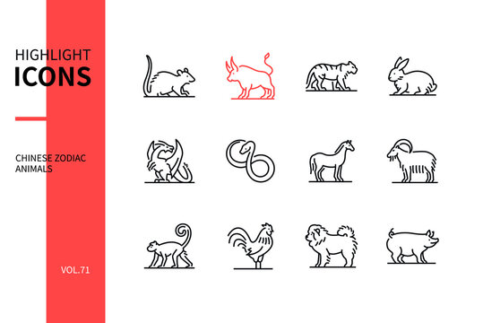 Chinese zodiac animals - line design style icons set