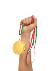 Naklejka na ściany i meble Woman holding gold medal on white background, closeup
