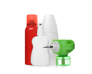 Set of different insect repellents on white background