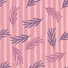 Random doodle seamless pattern with pink and purple leaf branches shapes. Striped background.